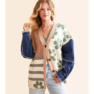 Blue Brush Pieced Cardigan Sweater Women's Size Medium